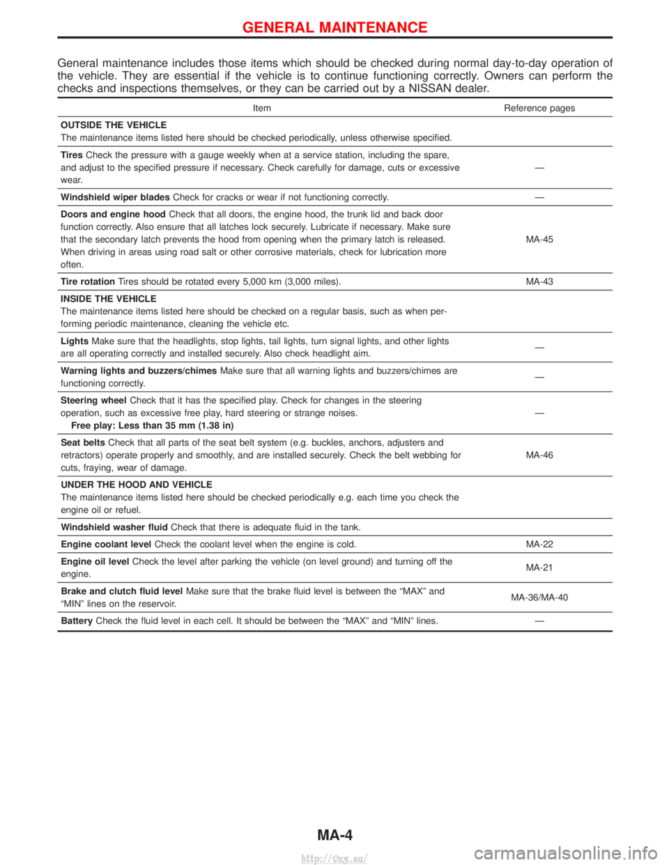 NISSAN TERRANO 2004  Service Repair Manual General maintenance includes those items which should be checked during normal day-to-day operation of
the vehicle. They are essential if the vehicle is to continue functioning correctly. Owners can p