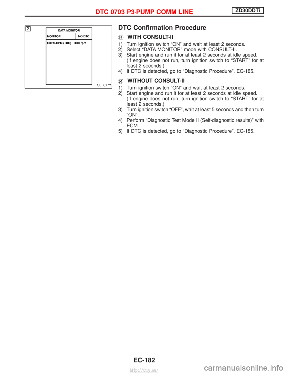 NISSAN TERRANO 2004 Service Repair Manual DTC Confirmation Procedure
WITH CONSULT-II
1) Turn ignition switch ªONº and wait at least 2 seconds.
2) Select ªDATA MONITORº mode with CONSULT-II.
3) Start engine and run it for at least 2 second NISSAN TERRANO 2004 Service Repair Manual DTC Confirmation Procedure
WITH CONSULT-II
1) Turn ignition switch ªONº and wait at least 2 seconds.
2) Select ªDATA MONITORº mode with CONSULT-II.
3) Start engine and run it for at least 2 second