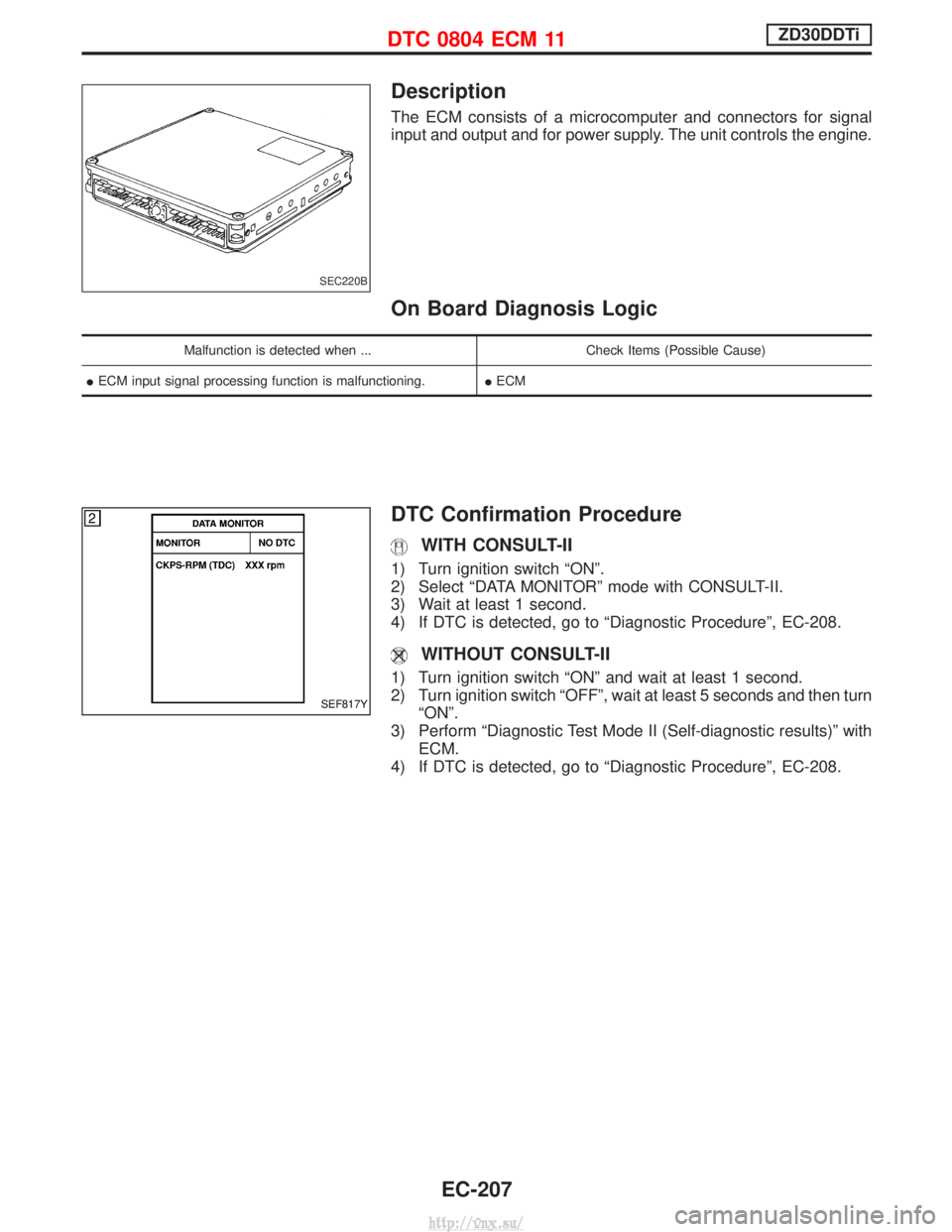 NISSAN TERRANO 2004  Service Repair Manual Description
The ECM consists of a microcomputer and connectors for signal
input and output and for power supply. The unit controls the engine.
On Board Diagnosis Logic
Malfunction is detected when ...