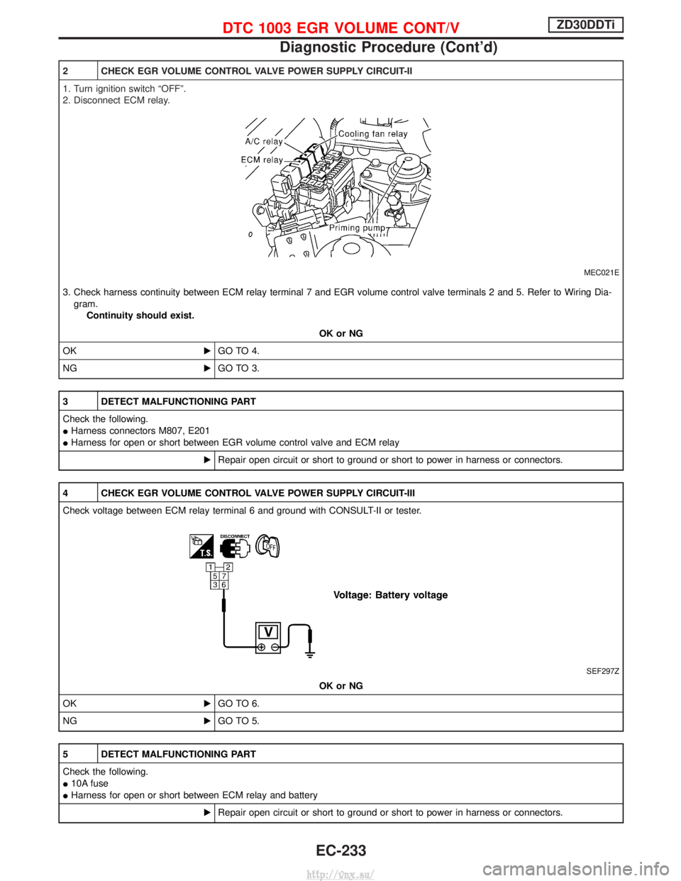 NISSAN TERRANO 2004  Service Repair Manual 2 CHECK EGR VOLUME CONTROL VALVE POWER SUPPLY CIRCUIT-II
1. Turn ignition switch ªOFFº.
2. Disconnect ECM relay.
MEC021E
3. Check harness continuity between ECM relay terminal 7 and EGR volume contr