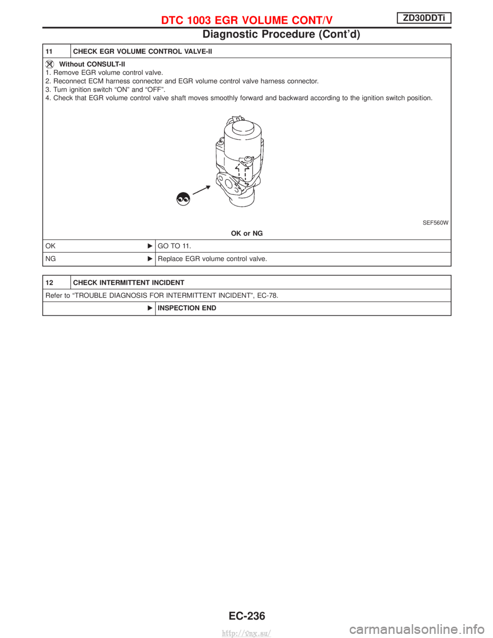 NISSAN TERRANO 2004 Service Repair Manual 11 CHECK EGR VOLUME CONTROL VALVE-II
Without CONSULT-II
1. Remove EGR volume control valve.
2. Reconnect ECM harness connector and EGR volume control valve harness connector.
3. Turn ignition switch  NISSAN TERRANO 2004 Service Repair Manual 11 CHECK EGR VOLUME CONTROL VALVE-II
Without CONSULT-II
1. Remove EGR volume control valve.
2. Reconnect ECM harness connector and EGR volume control valve harness connector.
3. Turn ignition switch Â