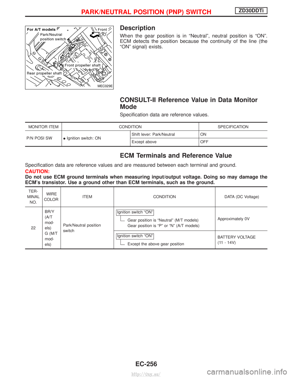 NISSAN TERRANO 2004  Service Repair Manual Description
When the gear position is in ªNeutralº, neutral position is ªONº.
ECM detects the position because the continuity of the line (the
ªONº signal) exists.
CONSULT-II Reference Value in 