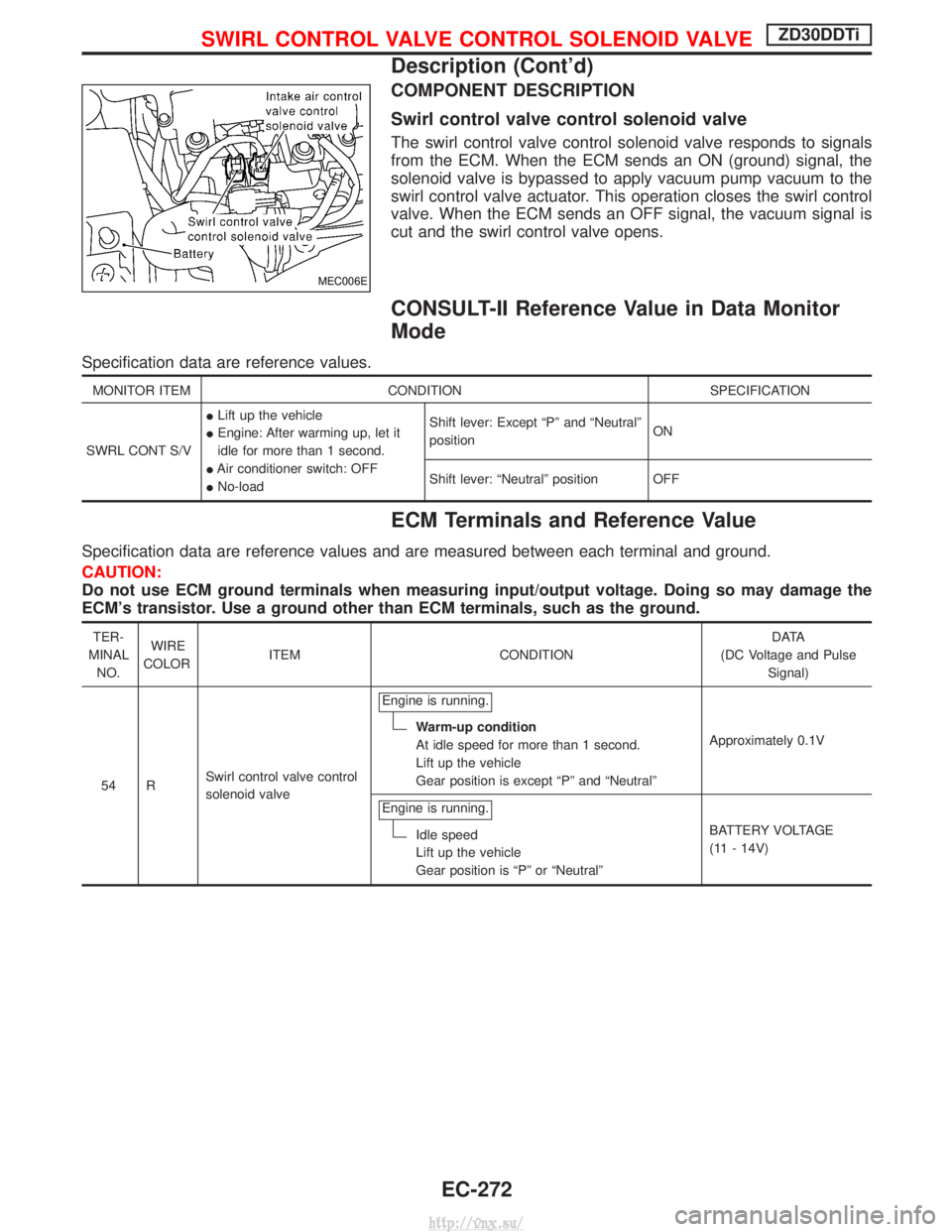 NISSAN TERRANO 2004  Service Repair Manual COMPONENT DESCRIPTION
Swirl control valve control solenoid valve
The swirl control valve control solenoid valve responds to signals
from the ECM. When the ECM sends an ON (ground) signal, the
solenoid