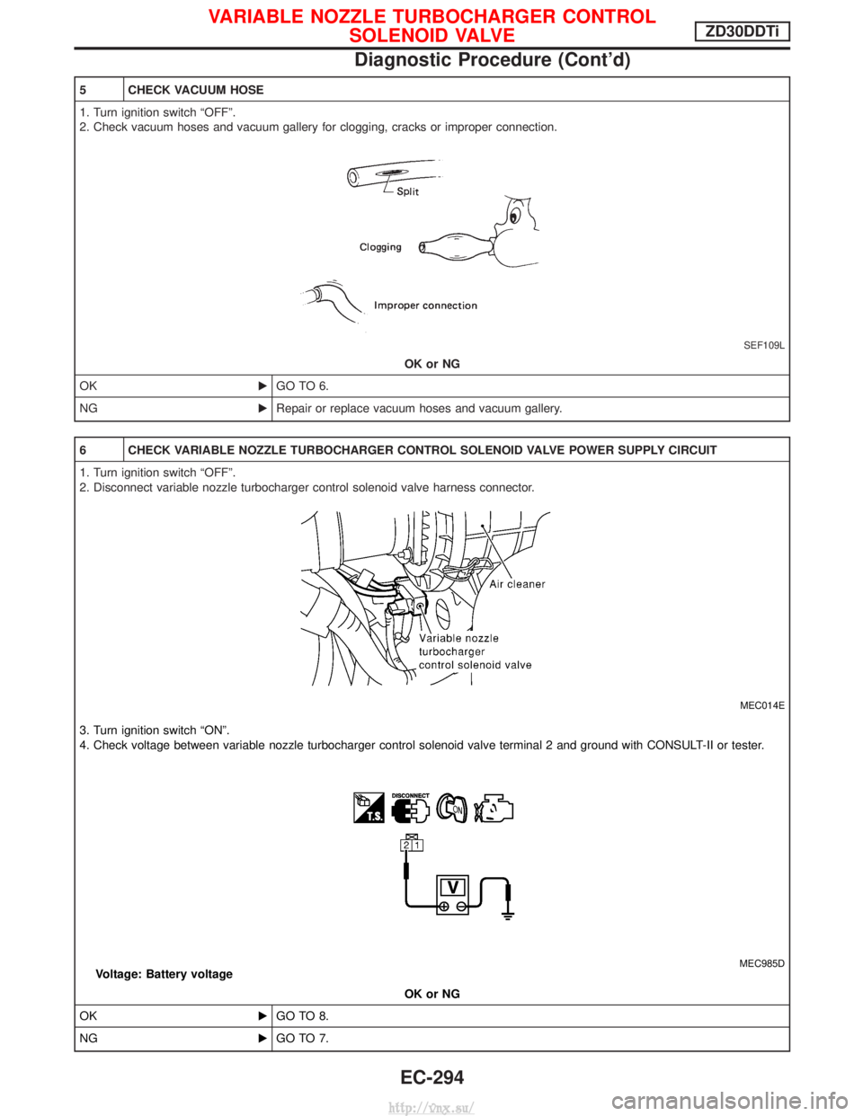 NISSAN TERRANO 2004  Service Repair Manual 5 CHECK VACUUM HOSE
1. Turn ignition switch ªOFFº.
2. Check vacuum hoses and vacuum gallery for clogging, cracks or improper connection.
SEF109L
OK or NG
OK EGO TO 6.
NG ERepair or replace vacuum ho