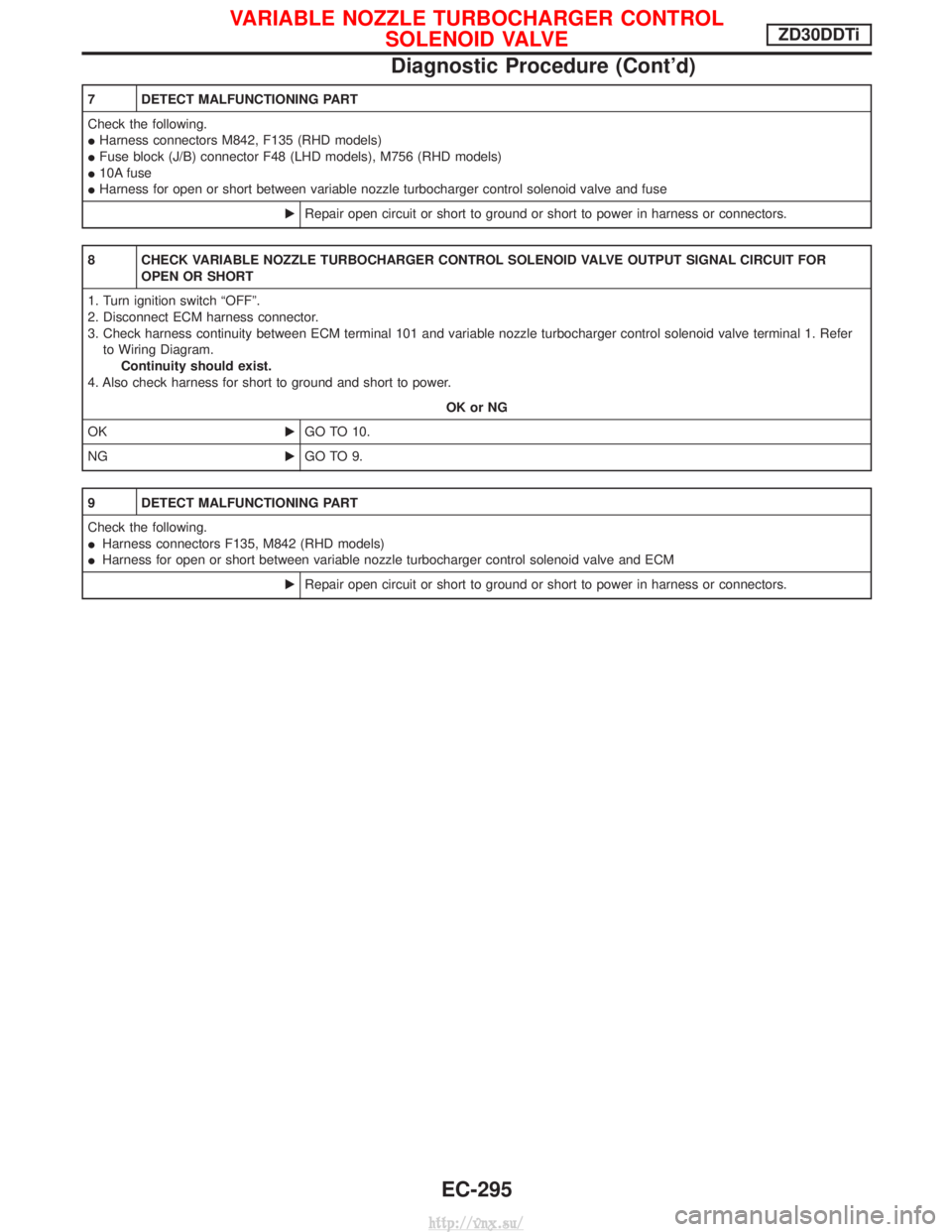 NISSAN TERRANO 2004  Service Repair Manual 7 DETECT MALFUNCTIONING PART
Check the following.
IHarness connectors M842, F135 (RHD models)
I Fuse block (J/B) connector F48 (LHD models), M756 (RHD models)
I 10A fuse
I Harness for open or short be