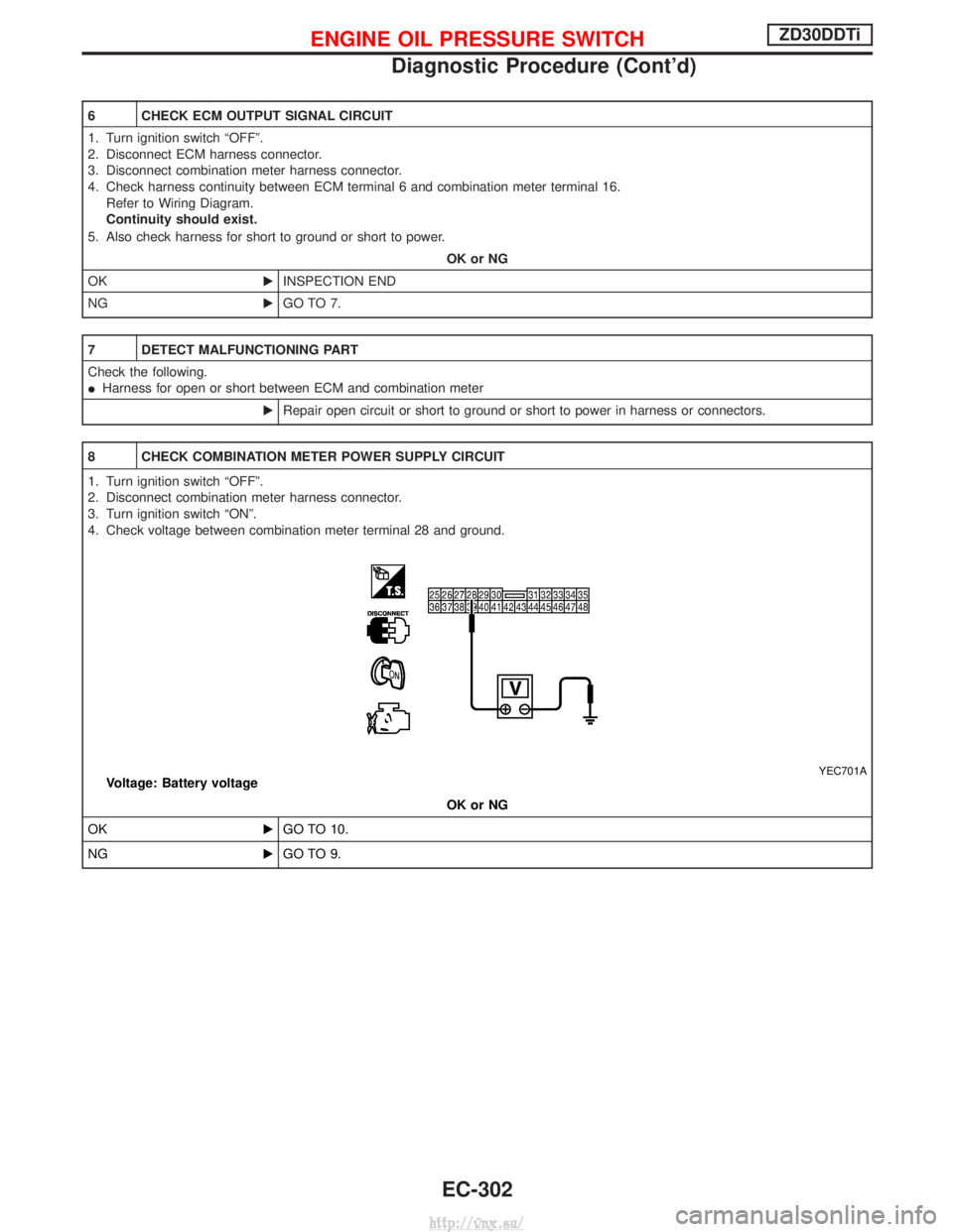 NISSAN TERRANO 2004  Service Repair Manual 6 CHECK ECM OUTPUT SIGNAL CIRCUIT
1. Turn ignition switch ªOFFº.
2. Disconnect ECM harness connector.
3. Disconnect combination meter harness connector.
4. Check harness continuity between ECM termi