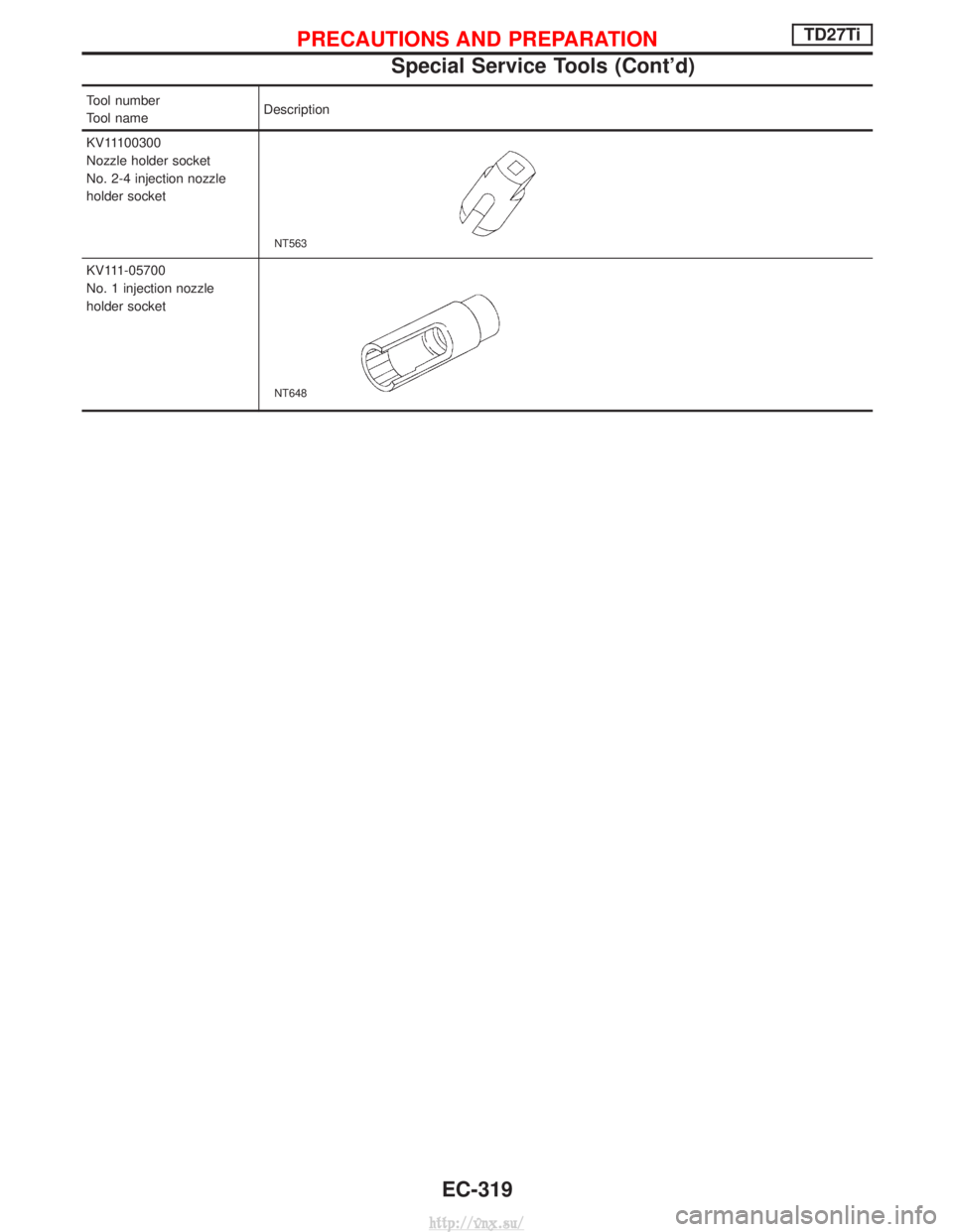 NISSAN TERRANO 2004  Service Repair Manual Tool number
Tool nameDescription
KV11100300
Nozzle holder socket
No. 2-4 injection nozzle
holder socket
NT563
KV111-05700
No. 1 injection nozzle
holder socket
NT648
PRECAUTIONS AND PREPARATIONTD27Ti
S