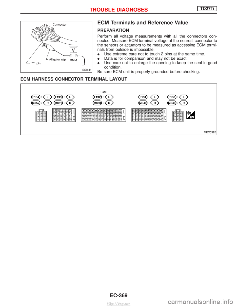 NISSAN TERRANO 2004 Service Repair Manual ECM Terminals and Reference Value
PREPARATION
Perform all voltage measurements with all the connectors con-
nected. Measure ECM terminal voltage at the nearest connector to
the sensors or actuators to NISSAN TERRANO 2004 Service Repair Manual ECM Terminals and Reference Value
PREPARATION
Perform all voltage measurements with all the connectors con-
nected. Measure ECM terminal voltage at the nearest connector to
the sensors or actuators to