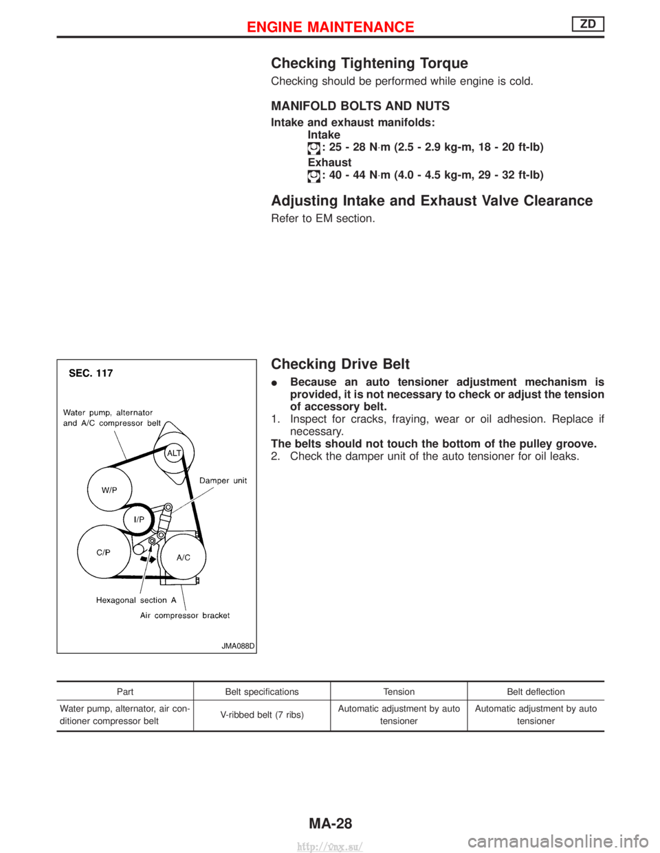 NISSAN TERRANO 2004  Service Manual PDF Checking Tightening Torque
Checking should be performed while engine is cold.
MANIFOLD BOLTS AND NUTS
Intake and exhaust manifolds:Intake
:25-28N ×m (2.5 - 2.9 kg-m, 18 - 20 ft-lb)
Exhaust
:40-44N ×