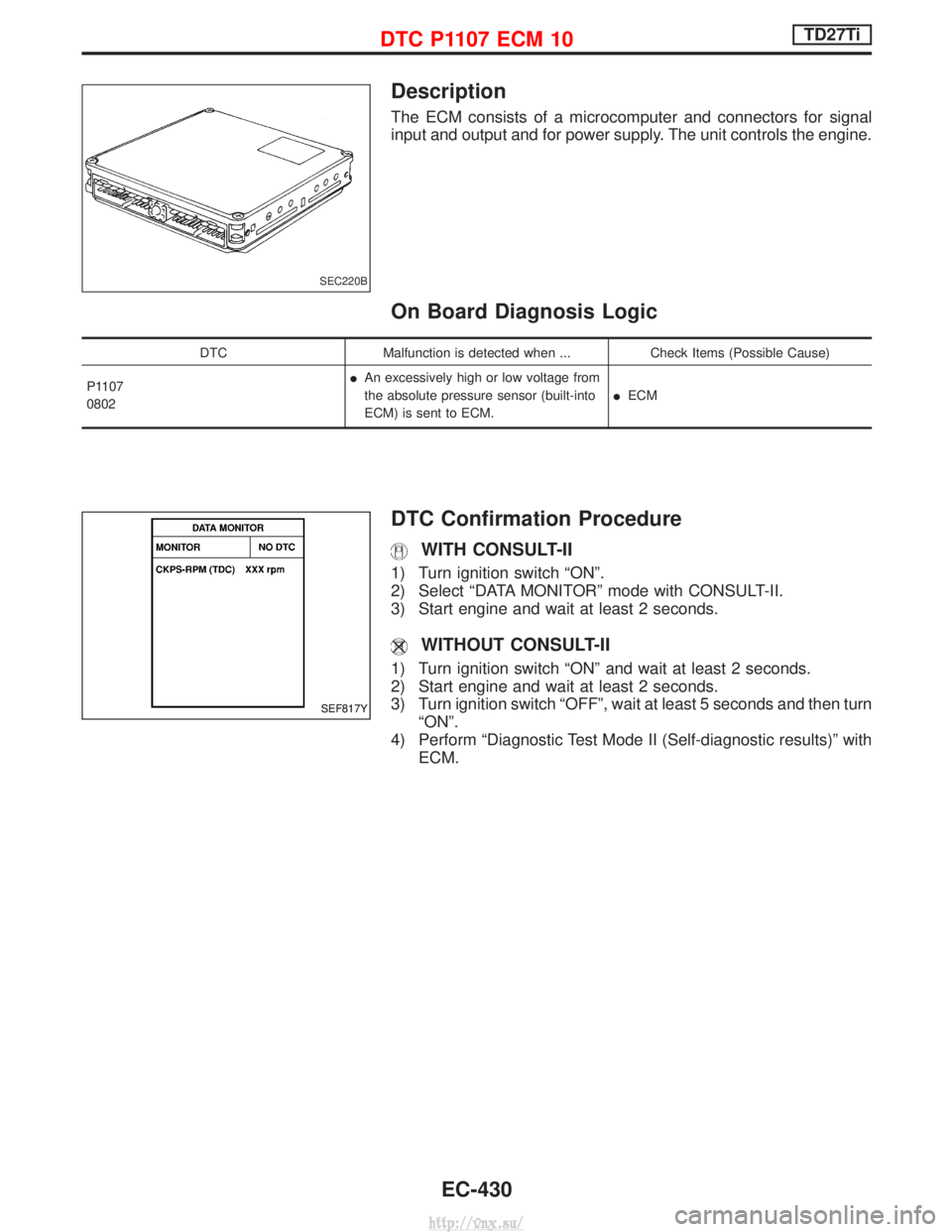 NISSAN TERRANO 2004 Service Repair Manual Description
The ECM consists of a microcomputer and connectors for signal
input and output and for power supply. The unit controls the engine.
On Board Diagnosis Logic
DTCMalfunction is detected when NISSAN TERRANO 2004 Service Repair Manual Description
The ECM consists of a microcomputer and connectors for signal
input and output and for power supply. The unit controls the engine.
On Board Diagnosis Logic
DTCMalfunction is detected when