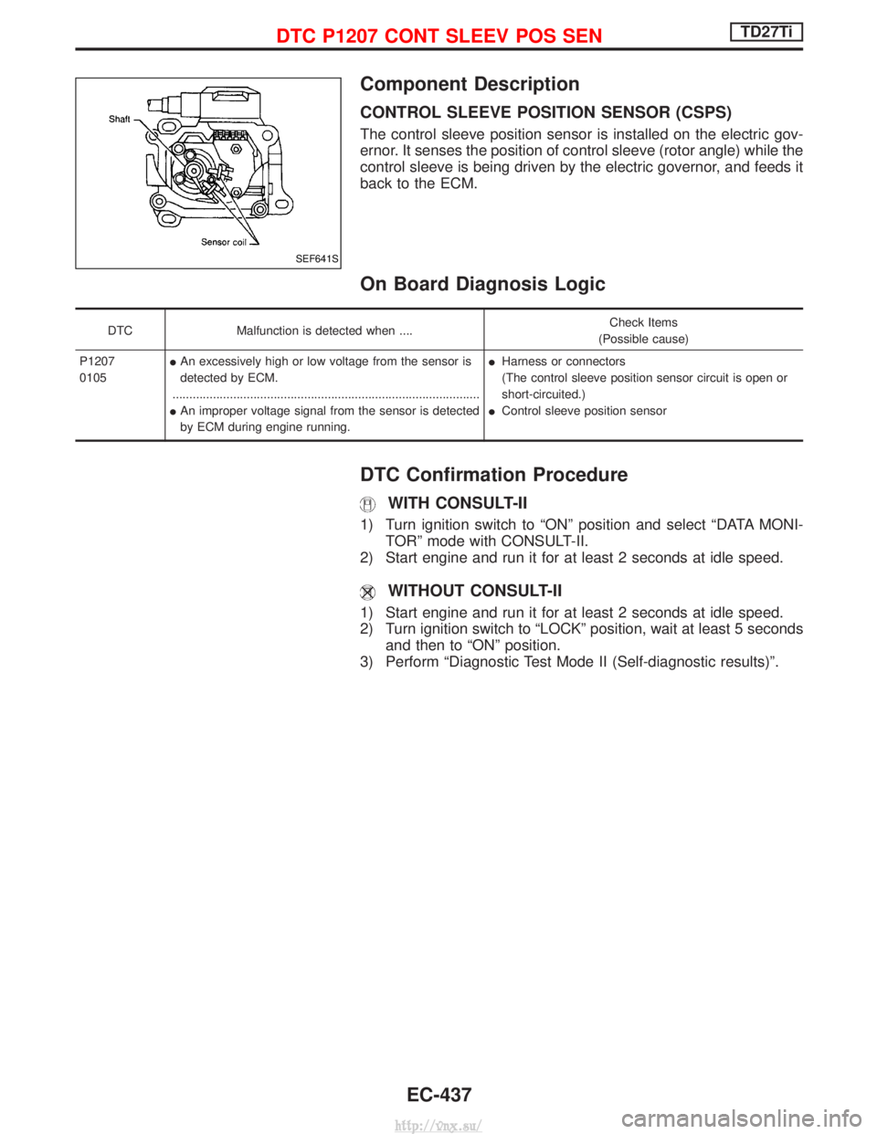 NISSAN TERRANO 2004  Service Repair Manual Component Description
CONTROL SLEEVE POSITION SENSOR (CSPS)
The control sleeve position sensor is installed on the electric gov-
ernor. It senses the position of control sleeve (rotor angle) while the