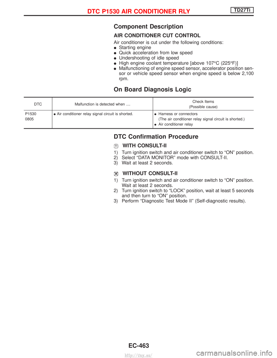 NISSAN TERRANO 2004  Service Repair Manual Component Description
AIR CONDITIONER CUT CONTROL
Air conditioner is cut under the following conditions:
IStarting engine
I Quick acceleration from low speed
I Undershooting of idle speed
I High engin