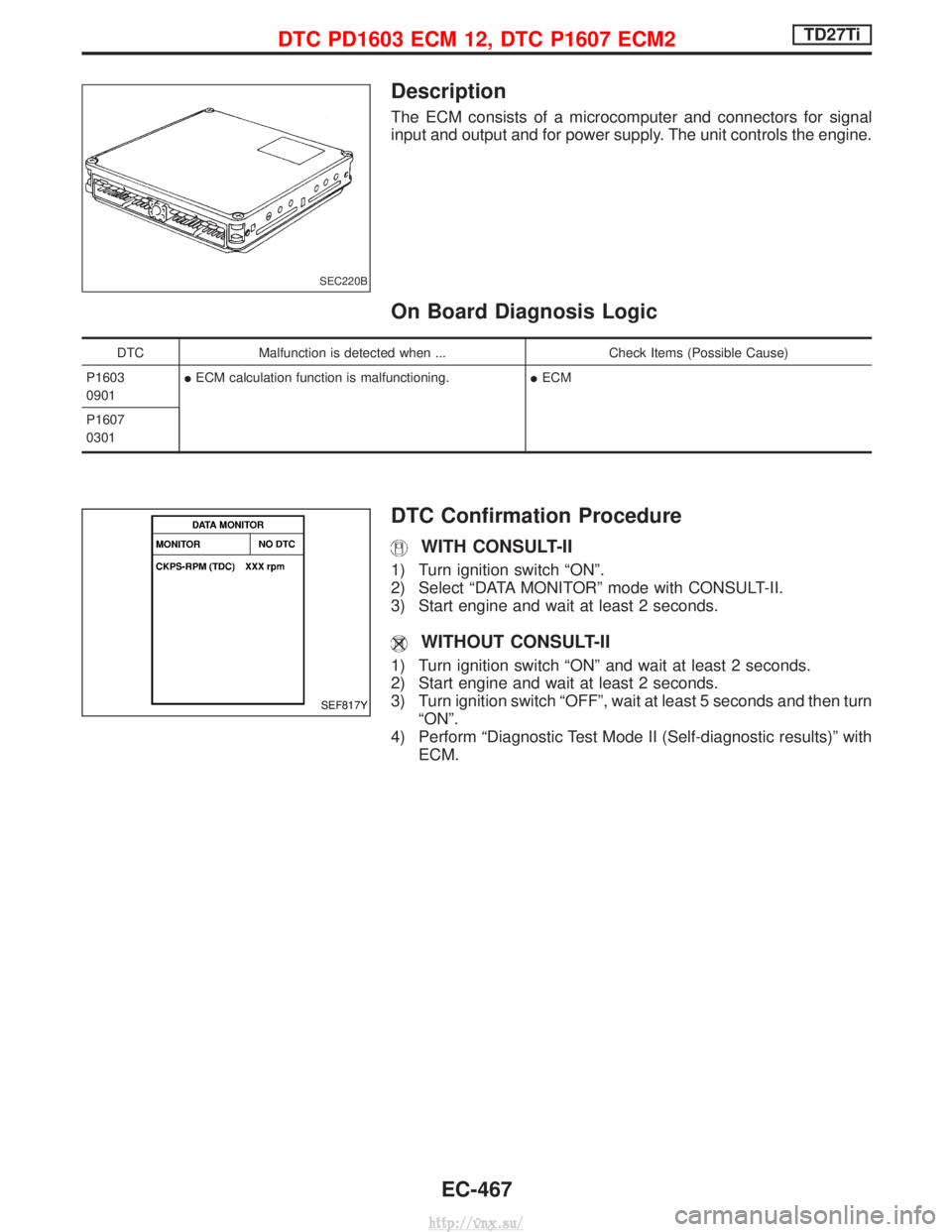 NISSAN TERRANO 2004  Service Repair Manual Description
The ECM consists of a microcomputer and connectors for signal
input and output and for power supply. The unit controls the engine.
On Board Diagnosis Logic
DTCMalfunction is detected when 