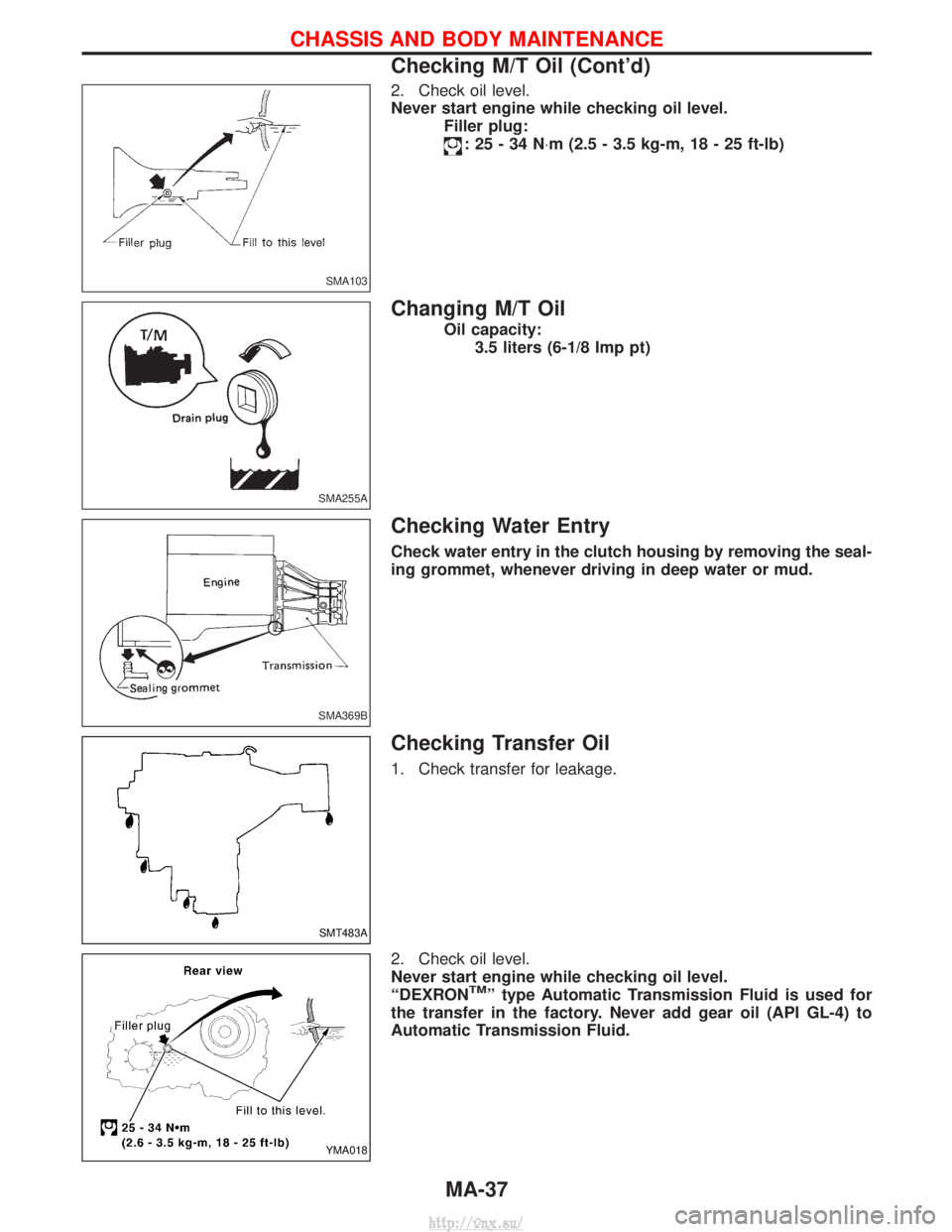 NISSAN TERRANO 2004  Service Manual PDF 2. Check oil level.
Never start engine while checking oil level.Filler plug:
:25-34N ×m (2.5 - 3.5 kg-m, 18 - 25 ft-lb)
Changing M/T Oil
Oil capacity:
3.5 liters (6-1/8 Imp pt)
Checking Water Entry
C