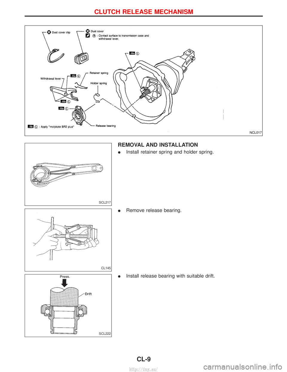 NISSAN TERRANO 2004  Service Repair Manual REMOVAL AND INSTALLATION
IInstall retainer spring and holder spring.
I Remove release bearing.
I Install release bearing with suitable drift.
NCL017
SCL217
CL145
SCL222
CLUTCH RELEASE MECHANISM
CL-9
h