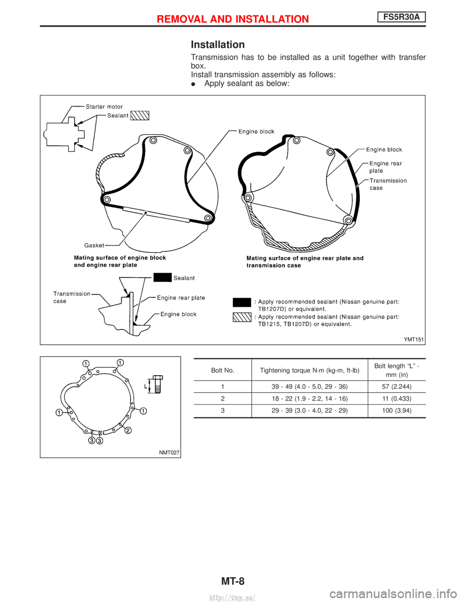 NISSAN TERRANO 2004  Service Repair Manual Installation
Transmission has to be installed as a unit together with transfer
box.
Install transmission assembly as follows:
IApply sealant as below:
Bolt No. Tightening torque N×m (kg-m, ft-lb) Bol