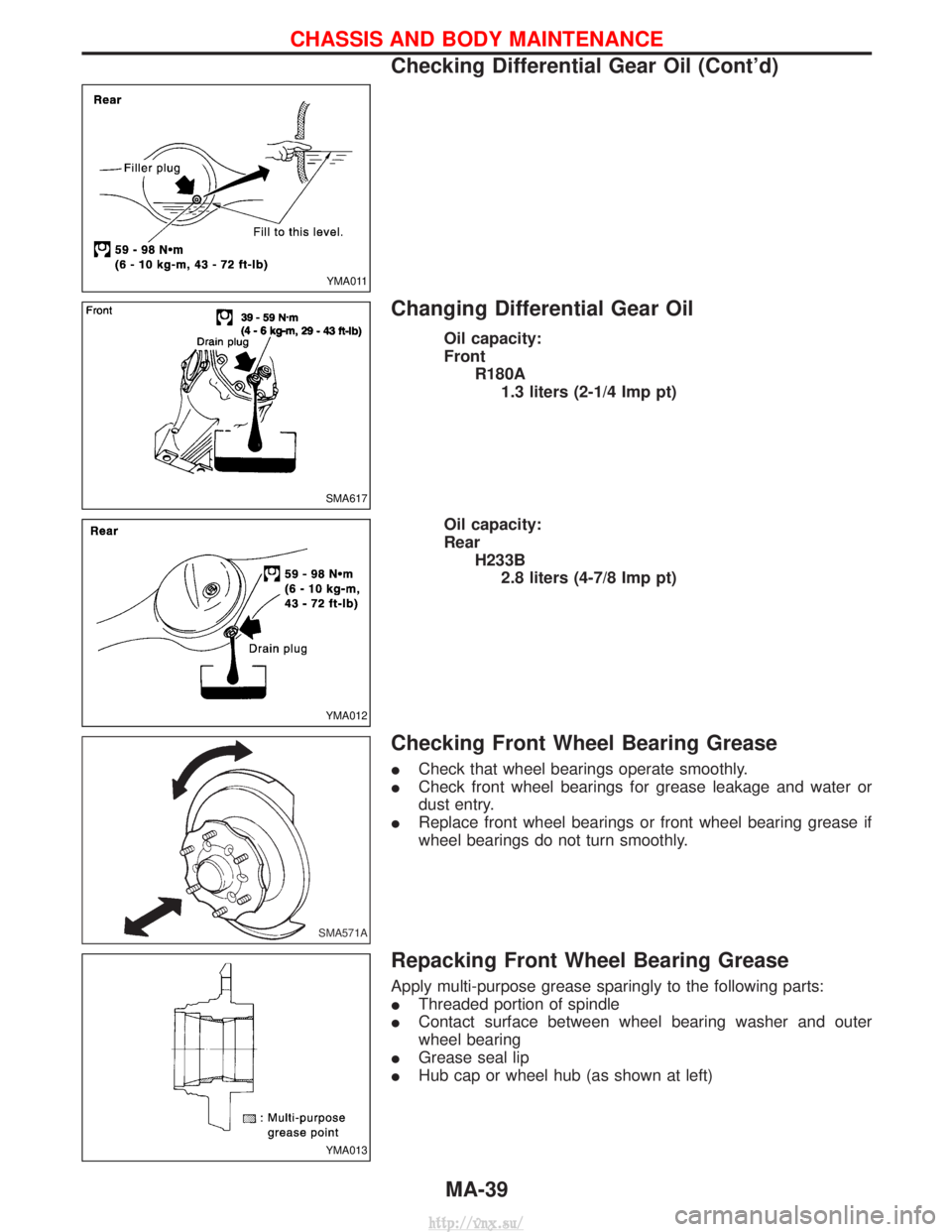 NISSAN TERRANO 2004  Service Manual PDF Changing Differential Gear Oil
Oil capacity:
FrontR180A1.3 liters (2-1/4 Imp pt)
Oil capacity:
Rear H233B2.8 liters (4-7/8 Imp pt)
Checking Front Wheel Bearing Grease
I Check that wheel bearings opera