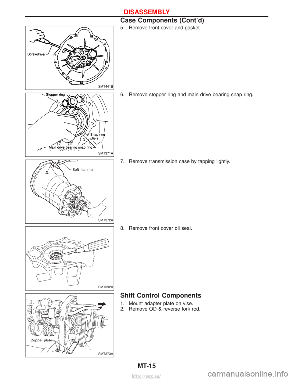 NISSAN TERRANO 2004  Service Repair Manual 5. Remove front cover and gasket.
6. Remove stopper ring and main drive bearing snap ring.
7. Remove transmission case by tapping lightly.
8. Remove front cover oil seal.
Shift Control Components
1. M