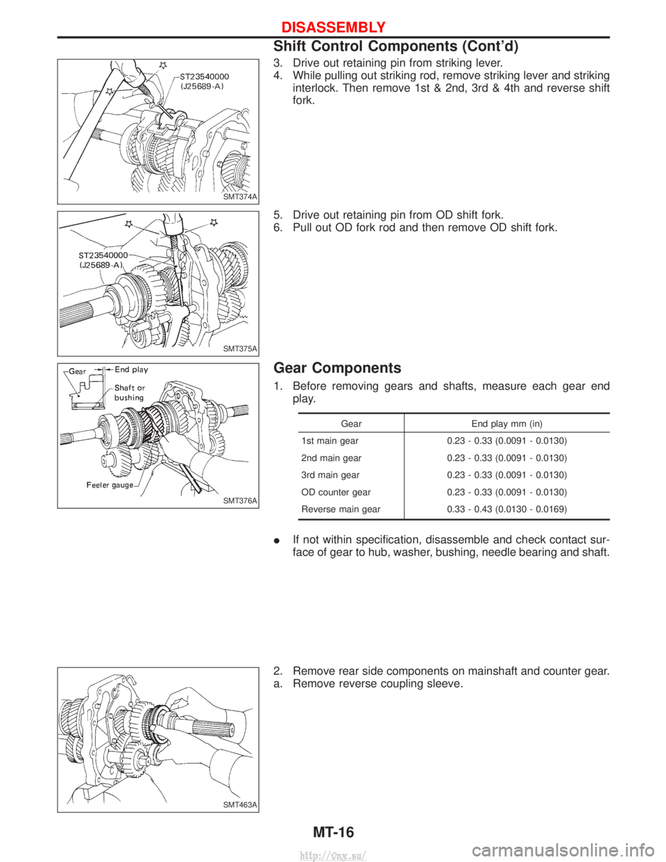 NISSAN TERRANO 2004  Service Repair Manual 3. Drive out retaining pin from striking lever.
4. While pulling out striking rod, remove striking lever and strikinginterlock. Then remove 1st & 2nd, 3rd & 4th and reverse shift
fork.
5. Drive out re