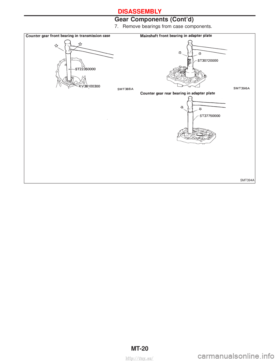 NISSAN TERRANO 2004  Service Repair Manual 7. Remove bearings from case components.
SMT394A
DISASSEMBLY
Gear Components (Contd)MT-20
http://vnx.su/  