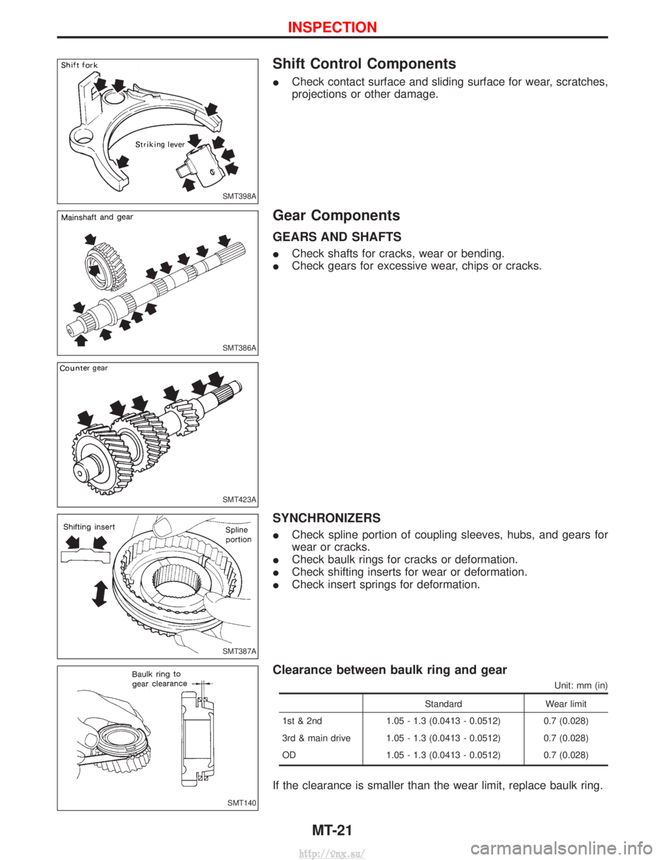 NISSAN TERRANO 2004  Service Repair Manual Shift Control Components
ICheck contact surface and sliding surface for wear, scratches,
projections or other damage.
Gear Components
GEARS AND SHAFTS
ICheck shafts for cracks, wear or bending.
I Chec