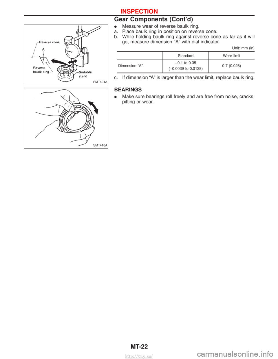 NISSAN TERRANO 2004  Service Repair Manual IMeasure wear of reverse baulk ring.
a. Place baulk ring in position on reverse cone.
b. While holding baulk ring against reverse cone as far as it will go, measure dimension ªAº with dial indicator