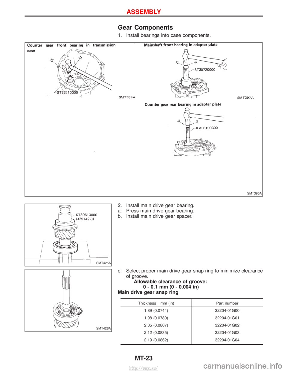 NISSAN TERRANO 2004  Service Repair Manual Gear Components
1. Install bearings into case components.
2. Install main drive gear bearing.
a. Press main drive gear bearing.
b. Install main drive gear spacer.
c. Select proper main drive gear snap