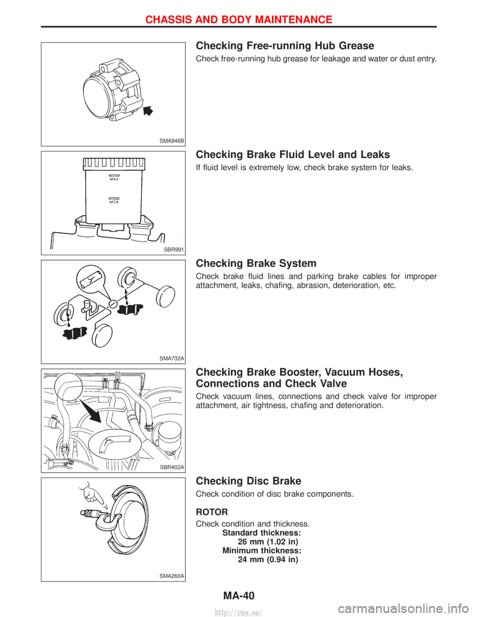 NISSAN TERRANO 2004 Service Manual Online Checking Free-running Hub Grease
Check free-running hub grease for leakage and water or dust entry.
Checking Brake Fluid Level and Leaks
If fluid level is extremely low, check brake system for leaks.
NISSAN TERRANO 2004 Service Manual Online Checking Free-running Hub Grease
Check free-running hub grease for leakage and water or dust entry.
Checking Brake Fluid Level and Leaks
If fluid level is extremely low, check brake system for leaks.