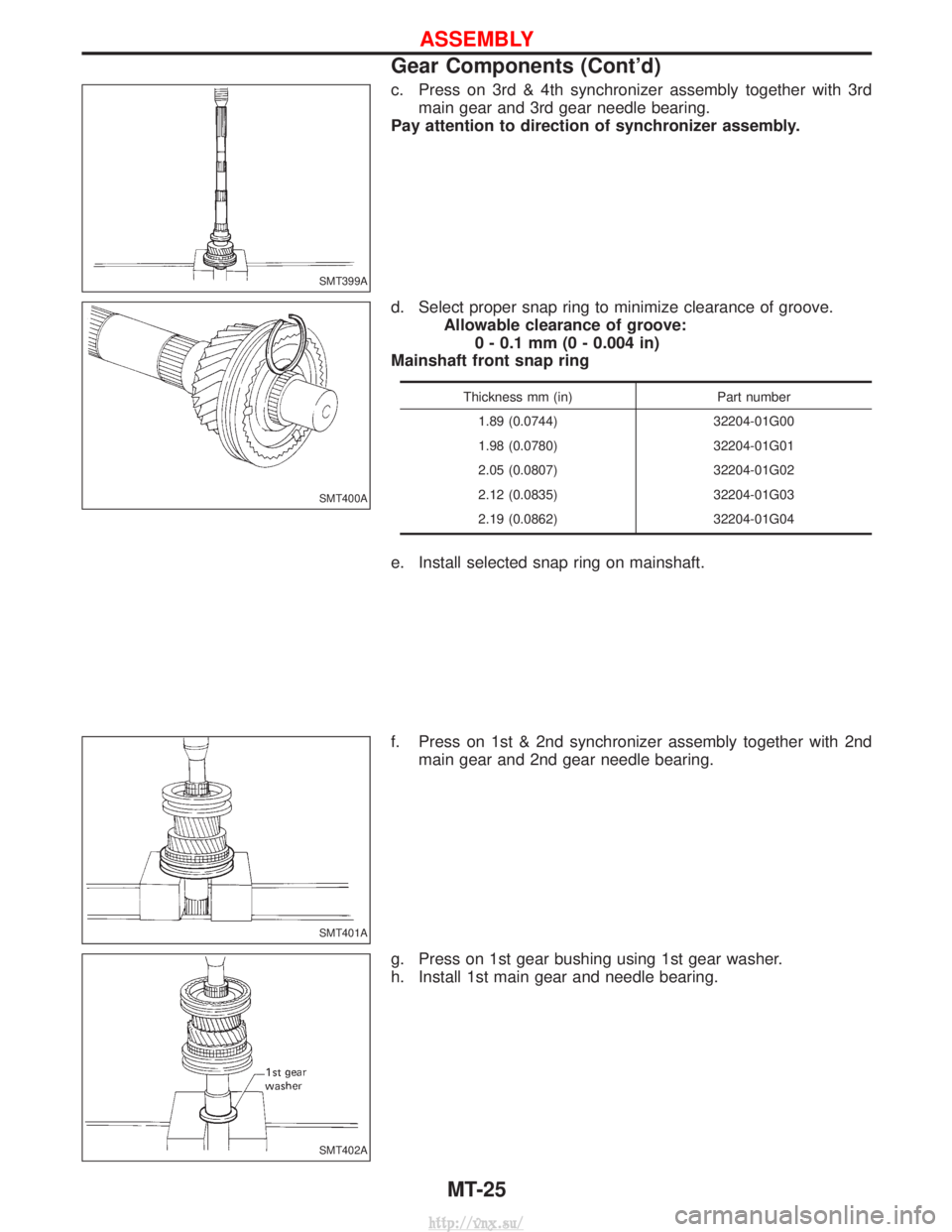 NISSAN TERRANO 2004  Service Repair Manual c. Press on 3rd & 4th synchronizer assembly together with 3rdmain gear and 3rd gear needle bearing.
Pay attention to direction of synchronizer assembly.
d. Select proper snap ring to minimize clearanc