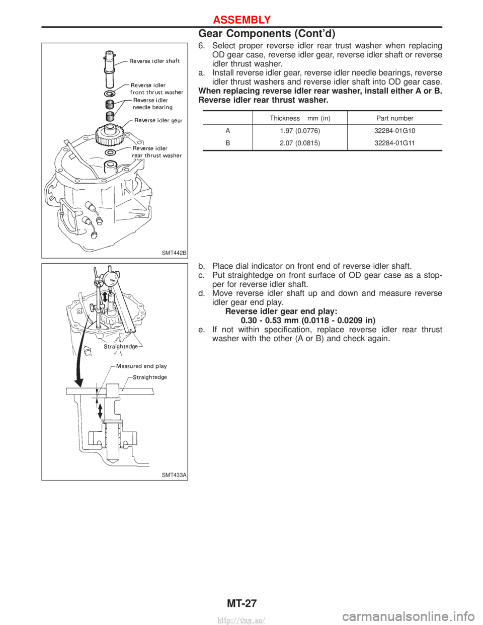 NISSAN TERRANO 2004  Service Repair Manual 6. Select proper reverse idler rear trust washer when replacingOD gear case, reverse idler gear, reverse idler shaft or reverse
idler thrust washer.
a. Install reverse idler gear, reverse idler needle