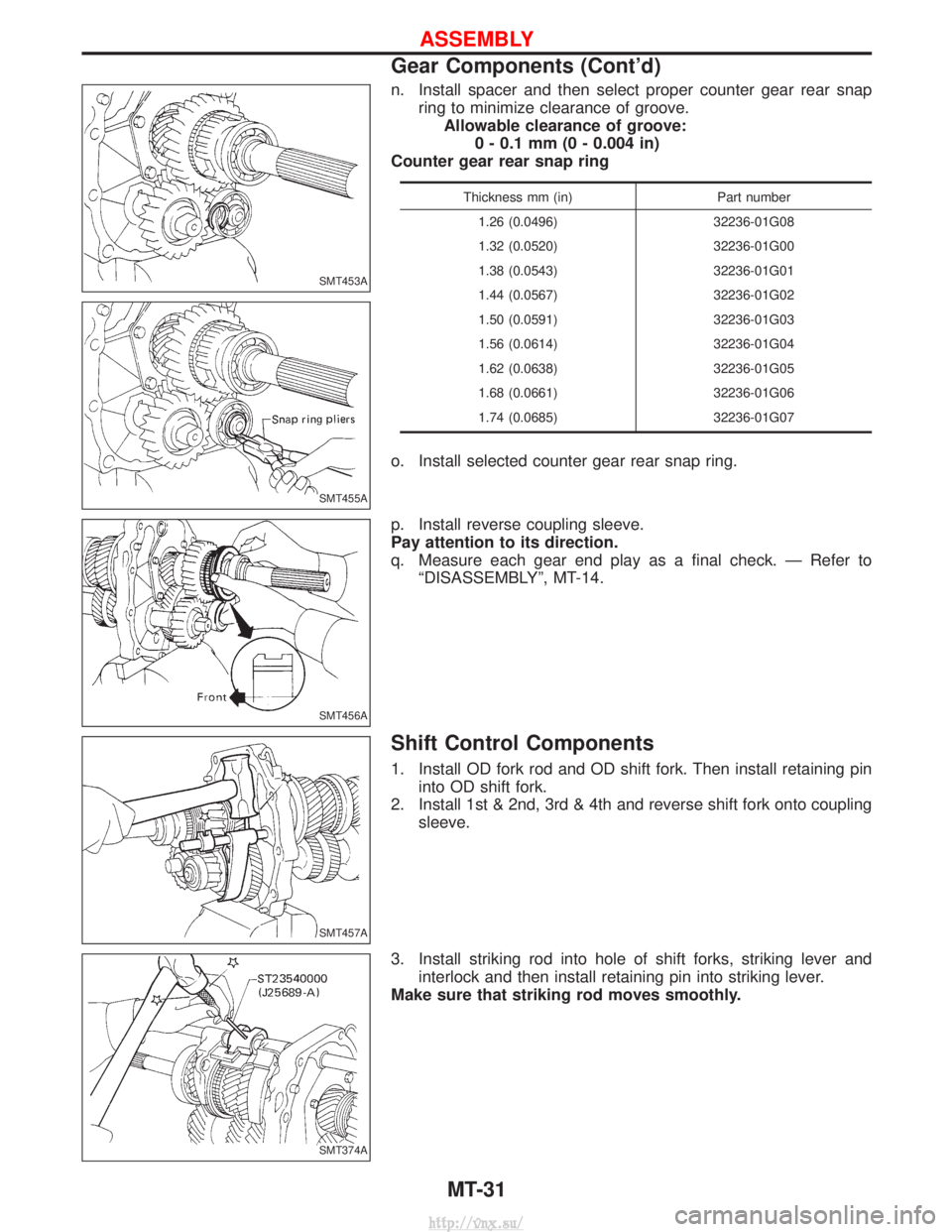 NISSAN TERRANO 2004  Service Repair Manual n. Install spacer and then select proper counter gear rear snapring to minimize clearance of groove.Allowable clearance of groove: 0 - 0.1 mm (0 - 0.004 in)
Counter gear rear snap ring
Thickness mm (i