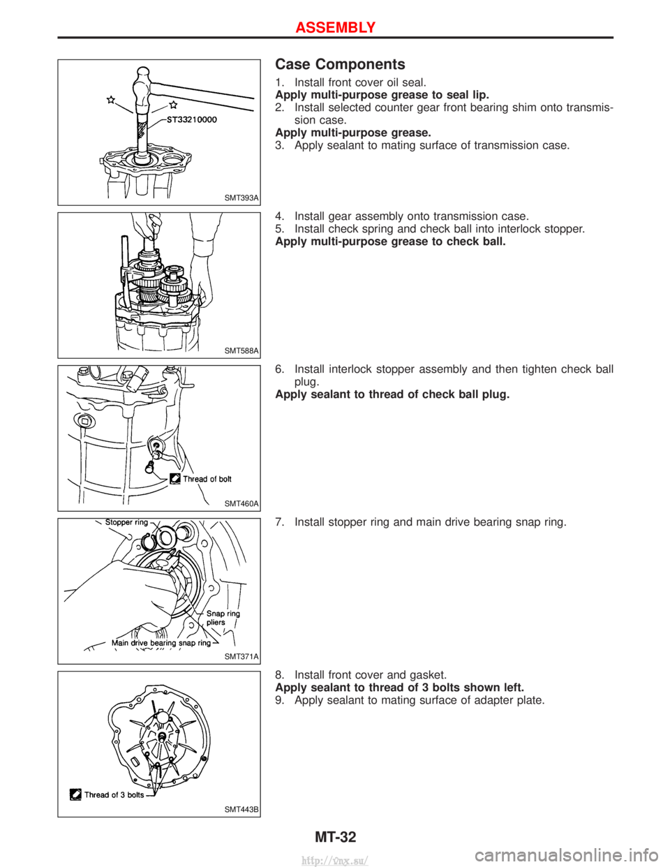 NISSAN TERRANO 2004  Service Repair Manual Case Components
1. Install front cover oil seal.
Apply multi-purpose grease to seal lip.
2. Install selected counter gear front bearing shim onto transmis-sion case.
Apply multi-purpose grease.
3. App