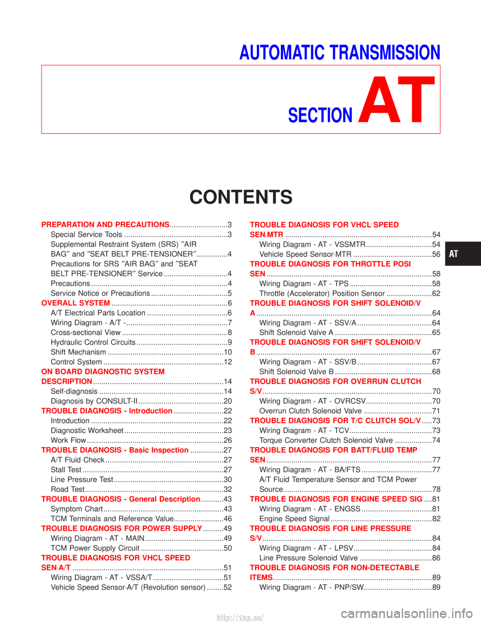 NISSAN TERRANO 2004  Service Repair Manual AUTOMATIC TRANSMISSIONSECTION
AT
CONTENTS
PREPARATION AND PRECAUTIONS ............................3
Special Service Tools ..................................................3
Supplemental Restraint Sys
