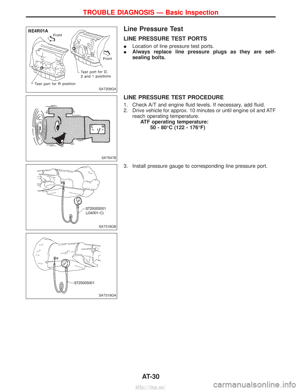 NISSAN TERRANO 2004  Service Repair Manual Line Pressure Test
LINE PRESSURE TEST PORTS
ILocation of line pressure test ports.
I Always replace line pressure plugs as they are self-
sealing bolts.
LINE PRESSURE TEST PROCEDURE
1. Check A/T and e