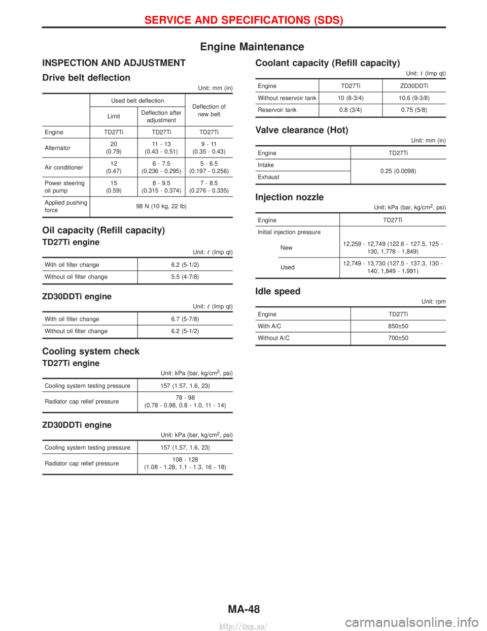 NISSAN TERRANO 2004 Service Manual Online Engine Maintenance
INSPECTION AND ADJUSTMENT
Drive belt deflection
Unit: mm (in)
Used belt deflectionDeflection of
new belt
Limit Deflection after
adjustment
Engine TD27Ti TD27Ti TD27Ti
Alternator 20
NISSAN TERRANO 2004 Service Manual Online Engine Maintenance
INSPECTION AND ADJUSTMENT
Drive belt deflection
Unit: mm (in)
Used belt deflectionDeflection of
new belt
Limit Deflection after
adjustment
Engine TD27Ti TD27Ti TD27Ti
Alternator 20