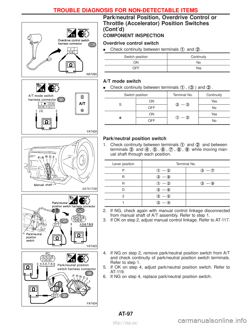 NISSAN TERRANO 2004  Service Repair Manual COMPONENT INSPECTION
Overdrive control switch
ICheck continuity between terminals q1andq2.
Switch position
Continuity
ON No
OFF Yes
A/T mode switch
ICheck continuity between terminals q1,(q3) and q2.
