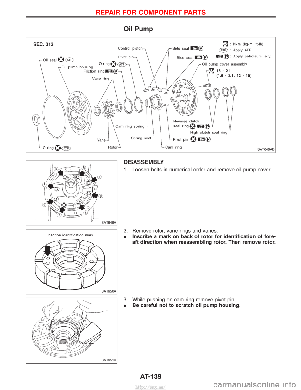 NISSAN TERRANO 2004  Service Repair Manual Oil Pump
DISASSEMBLY
1. Loosen bolts in numerical order and remove oil pump cover.
2. Remove rotor, vane rings and vanes.
IInscribe a mark on back of rotor for identification of fore-
aft direction wh