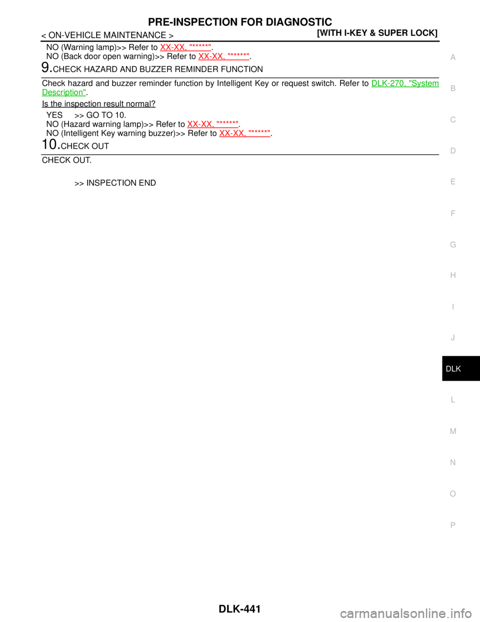 NISSAN TIIDA 2007  Service Repair Manual PRE-INSPECTION FOR DIAGNOSTIC
DLK-441
< ON-VEHICLE MAINTENANCE >[WITH I-KEY & SUPER LOCK]
C
D
E
F
G
H
I
J
L
MA
B
DLK
N
O
P
NO (Warning lamp)>> Refer to XX-XX, "*****".
NO (Back door open warning)>> Re