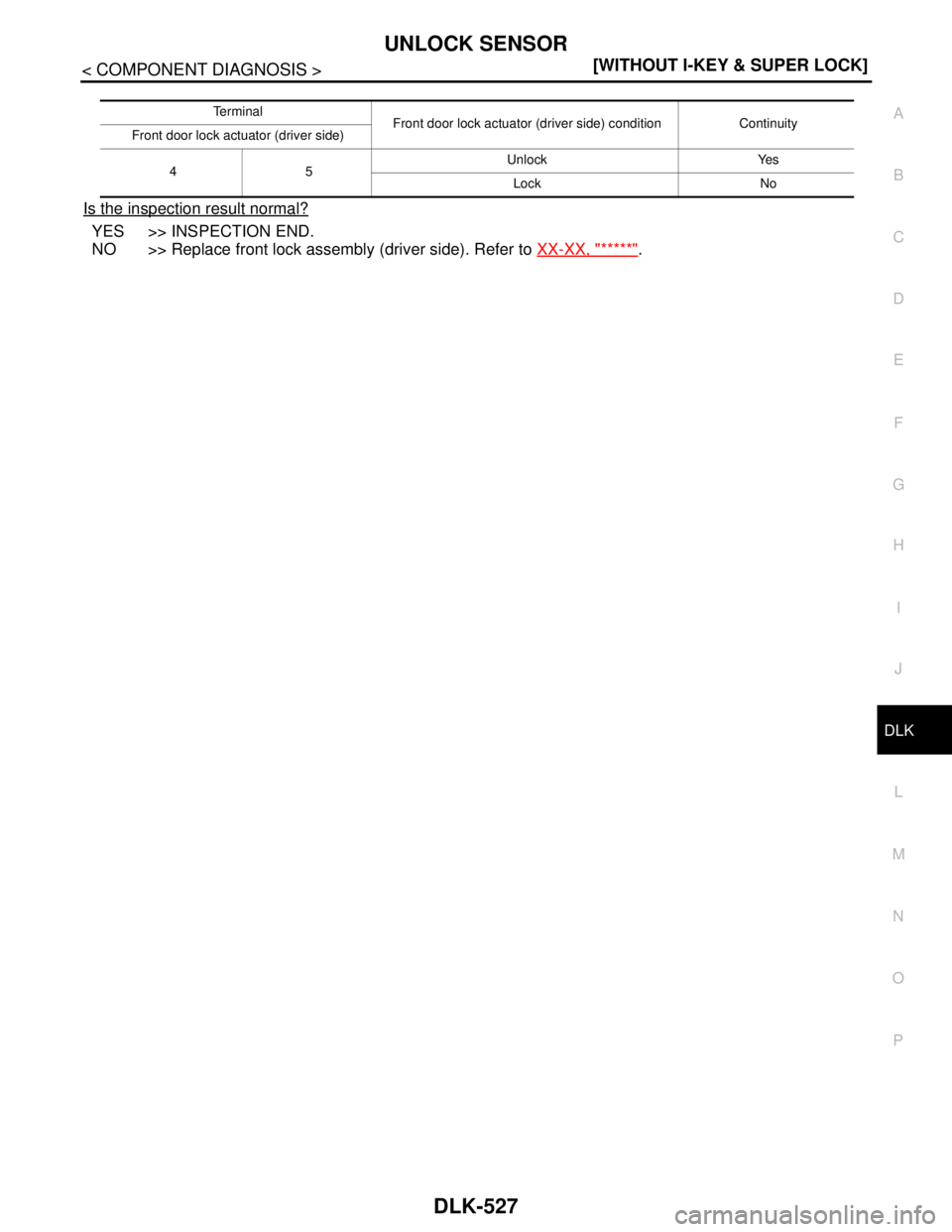 NISSAN TIIDA 2007  Service Repair Manual UNLOCK SENSOR
DLK-527
< COMPONENT DIAGNOSIS >[WITHOUT I-KEY & SUPER LOCK]
C
D
E
F
G
H
I
J
L
MA
B
DLK
N
O
P
Is the inspection result normal?
YES >> INSPECTION END.
NO >> Replace front lock assembly (dr