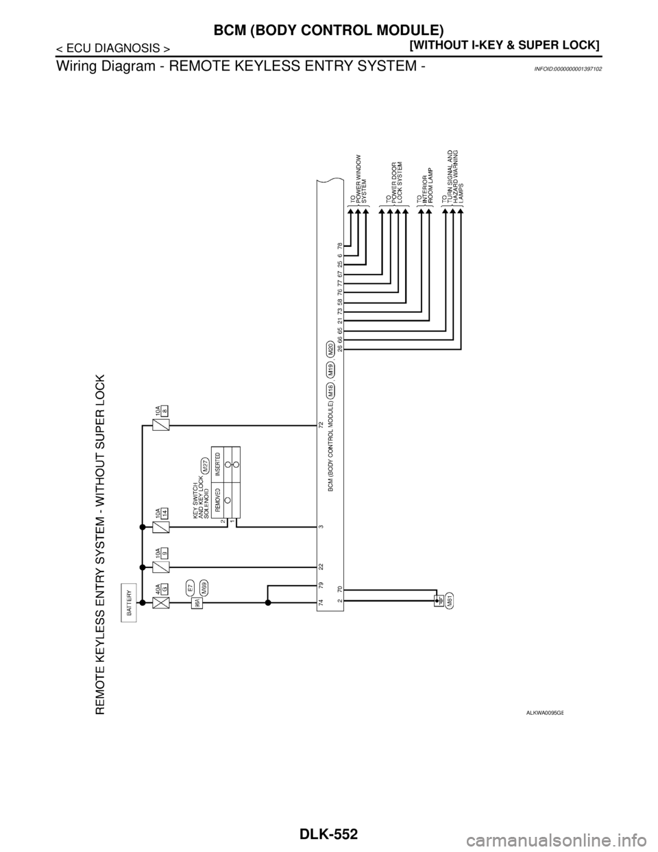 NISSAN TIIDA 2007  Service Repair Manual DLK-552
< ECU DIAGNOSIS >[WITHOUT I-KEY & SUPER LOCK]
BCM (BODY CONTROL MODULE)
Wiring Diagram - REMOTE KEYLESS ENTRY SYSTEM -
INFOID:0000000001397102
ALKWA0095GB 