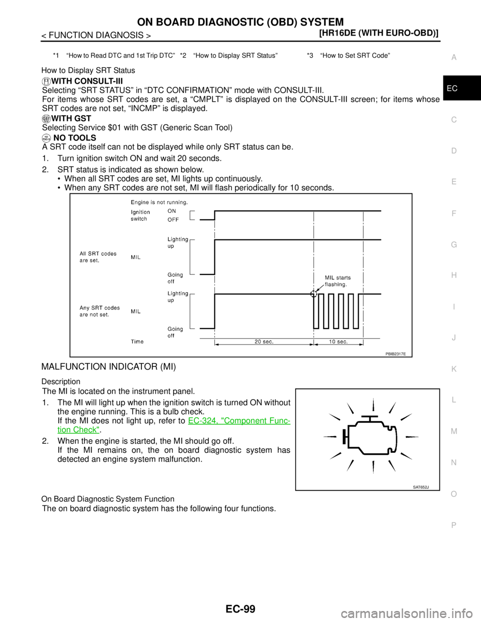 NISSAN TIIDA 2007  Service Repair Manual ON BOARD DIAGNOSTIC (OBD) SYSTEM
EC-99
< FUNCTION DIAGNOSIS >[HR16DE (WITH EURO-OBD)]
C
D
E
F
G
H
I
J
K
L
MA
EC
N
P O How to Display SRT StatusWITH CONSULT-III
Selecting “SRT STATUS” in “DTC CON