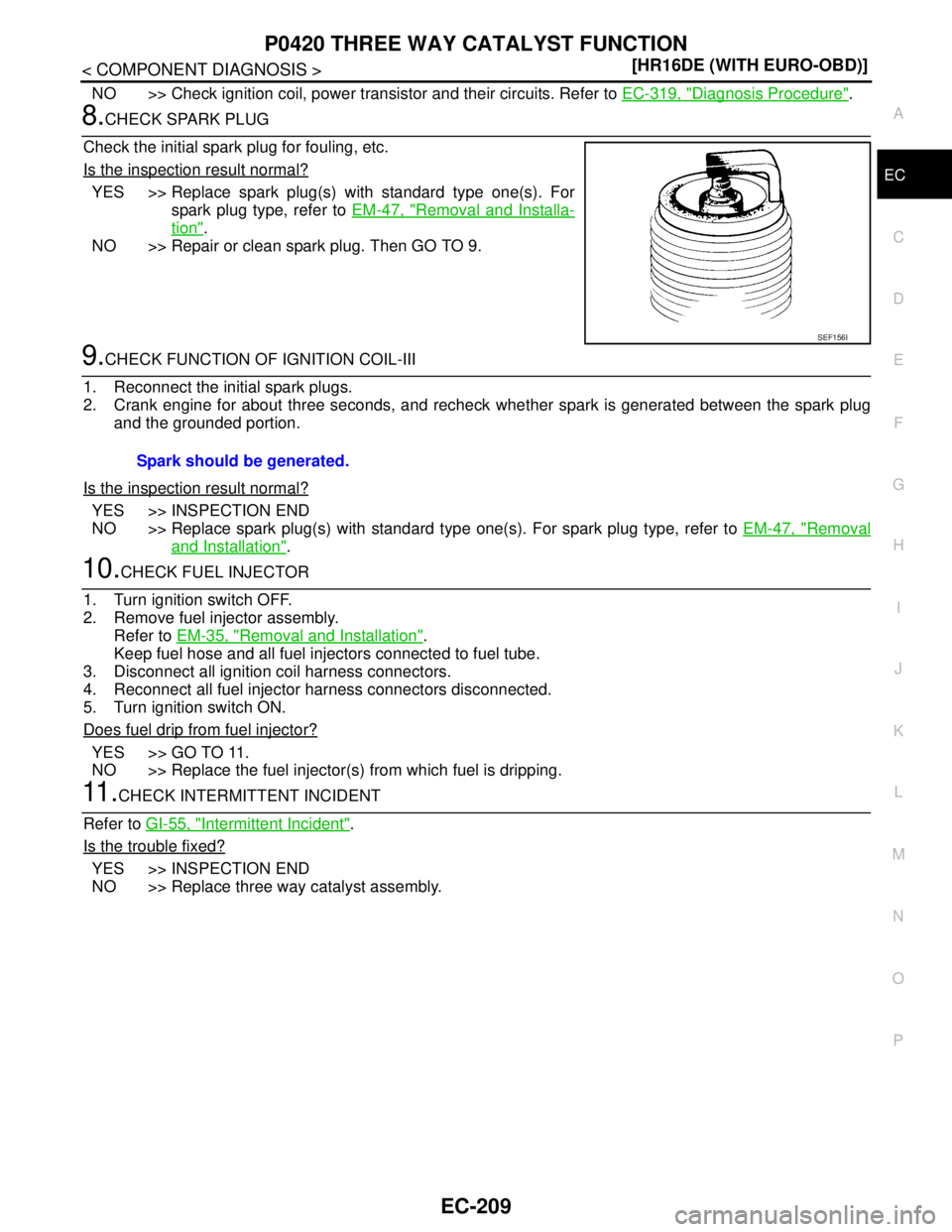 NISSAN TIIDA 2007  Service Repair Manual P0420 THREE WAY CATALYST FUNCTION
EC-209
< COMPONENT DIAGNOSIS >[HR16DE (WITH EURO-OBD)]
C
D
E
F
G
H
I
J
K
L
MA
EC
N
P O
NO >> Check ignition coil, power transistor and their circuits. Refer to EC-319