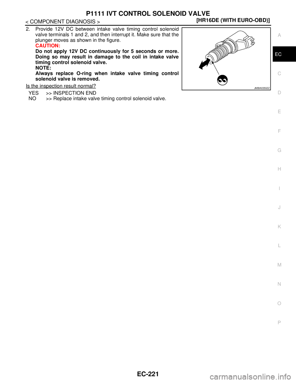 NISSAN TIIDA 2007  Service Repair Manual P1111 IVT CONTROL SOLENOID VALVE
EC-221
< COMPONENT DIAGNOSIS >[HR16DE (WITH EURO-OBD)]
C
D
E
F
G
H
I
J
K
L
MA
EC
N
P O
2. Provide 12V DC between intake valve timing control solenoid
valve terminals 1