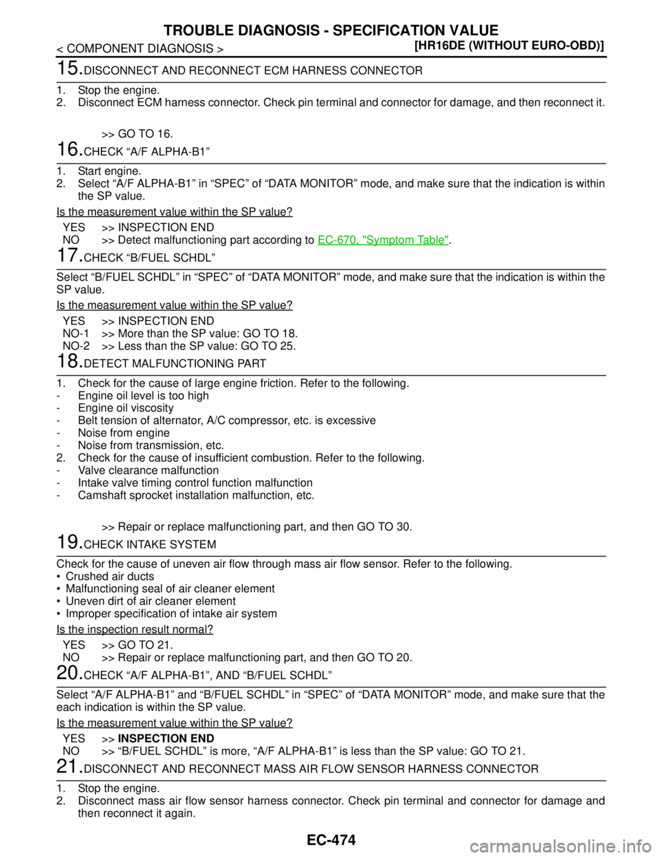 NISSAN TIIDA 2007  Service Repair Manual EC-474
< COMPONENT DIAGNOSIS >[HR16DE (WITHOUT EURO-OBD)]
TROUBLE DIAGNOSIS - SPECIFICATION VALUE
15.DISCONNECT AND RECONNECT ECM HARNESS CONNECTOR
1. Stop the engine.
2. Disconnect ECM harness connec