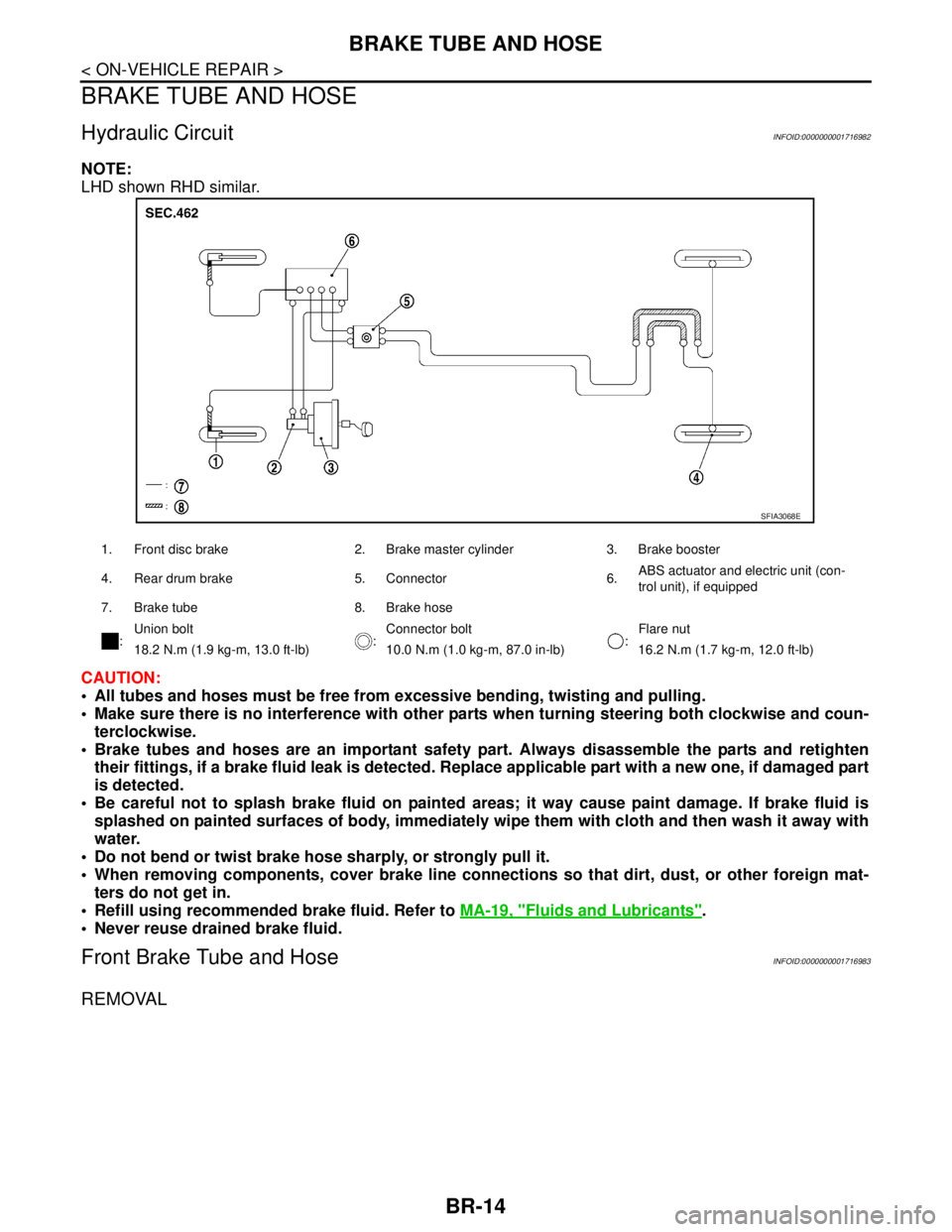 NISSAN TIIDA 2007 Service Repair Manual BR-14
< ON-VEHICLE REPAIR >
BRAKE TUBE AND HOSE
BRAKE TUBE AND HOSE
Hydraulic CircuitINFOID:0000000001716982
NOTE:
LHD shown RHD similar.
CAUTION:
All tubes and hoses must be free from excessive ben NISSAN TIIDA 2007 Service Repair Manual BR-14
< ON-VEHICLE REPAIR >
BRAKE TUBE AND HOSE
BRAKE TUBE AND HOSE
Hydraulic CircuitINFOID:0000000001716982
NOTE:
LHD shown RHD similar.
CAUTION:
All tubes and hoses must be free from excessive ben