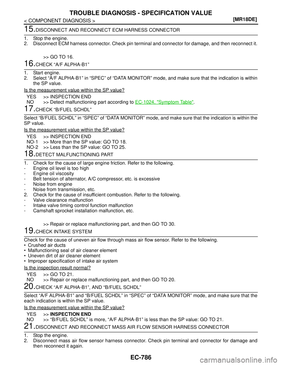 NISSAN TIIDA 2007  Service Repair Manual EC-786
< COMPONENT DIAGNOSIS >[MR18DE]
TROUBLE DIAGNOSIS - SPECIFICATION VALUE
15.DISCONNECT AND RECONNECT ECM HARNESS CONNECTOR
1. Stop the engine.
2. Disconnect ECM harness connector. Check pin term