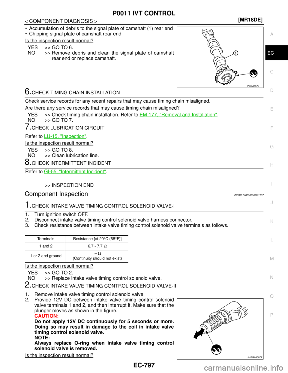 NISSAN TIIDA 2007  Service Repair Manual P0011 IVT CONTROL
EC-797
< COMPONENT DIAGNOSIS >[MR18DE]
C
D
E
F
G
H
I
J
K
L
MA
EC
N
P O
 Accumulation of debris to the signal plate of camshaft (1) rear end
 Chipping signal plate of camshaft rear 