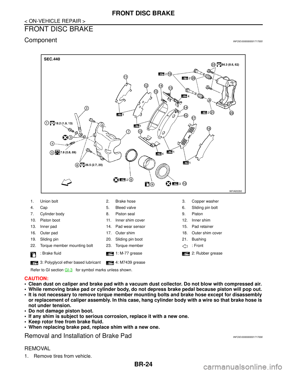 NISSAN TIIDA 2007 Service Repair Manual BR-24
< ON-VEHICLE REPAIR >
FRONT DISC BRAKE
FRONT DISC BRAKE
ComponentINFOID:0000000001717005
CAUTION:
Clean dust on caliper and brake pad with a vacuum dust collector. Do not blow with compressed NISSAN TIIDA 2007 Service Repair Manual BR-24
< ON-VEHICLE REPAIR >
FRONT DISC BRAKE
FRONT DISC BRAKE
ComponentINFOID:0000000001717005
CAUTION:
Clean dust on caliper and brake pad with a vacuum dust collector. Do not blow with compressed