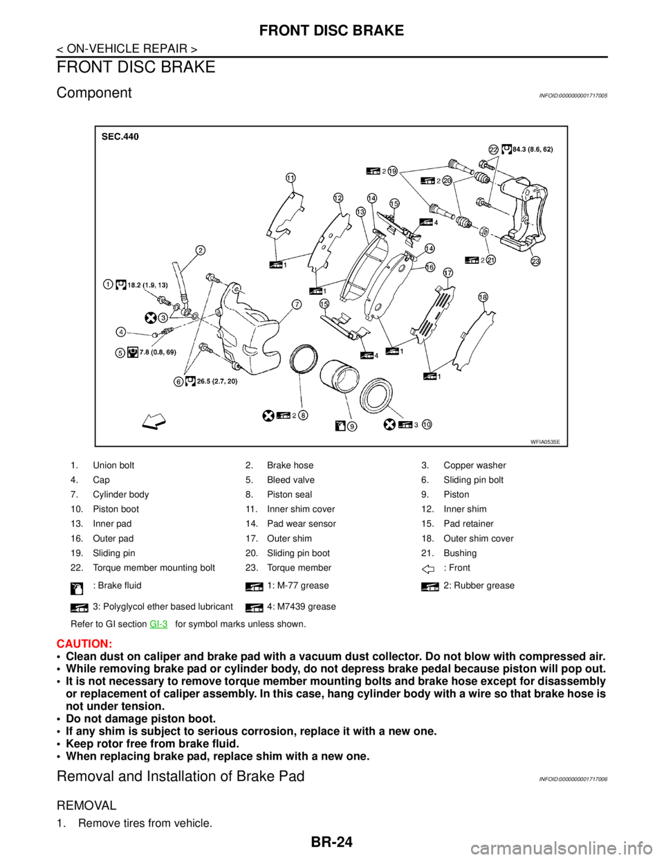 NISSAN TIIDA 2007  Service Repair Manual BR-24
< ON-VEHICLE REPAIR >
FRONT DISC BRAKE
FRONT DISC BRAKE
ComponentINFOID:0000000001717005
CAUTION:
 Clean dust on caliper and brake pad with a vacuum dust collector. Do not blow with compressed 