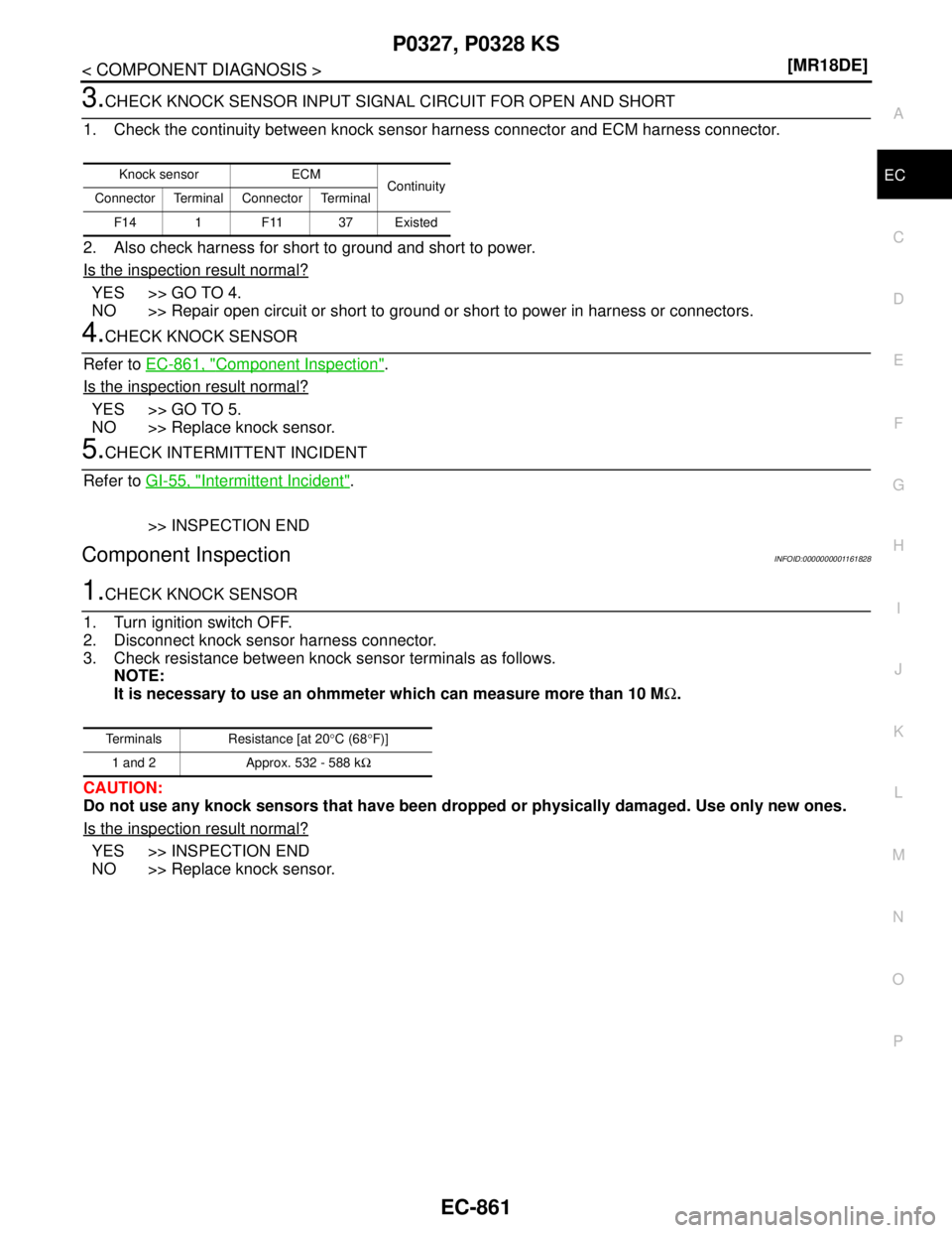 NISSAN TIIDA 2007  Service Repair Manual P0327, P0328 KS
EC-861
< COMPONENT DIAGNOSIS >[MR18DE]
C
D
E
F
G
H
I
J
K
L
MA
EC
N
P O
3.CHECK KNOCK SENSOR INPUT SIGNAL CIRCUIT FOR OPEN AND SHORT
1. Check the continuity between knock sensor harness
